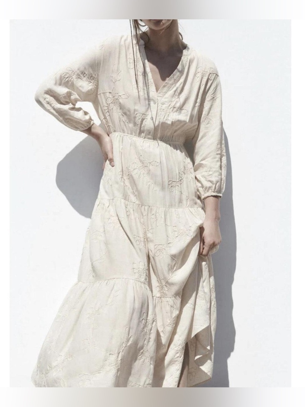 ZARA Sand Linen Blend Dress with Embroidery | Size M